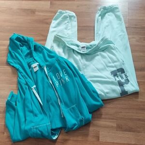 Victoria's Secret Love Pink Teal Hoodie & Mint Sweatpants Set Medium Pants Small